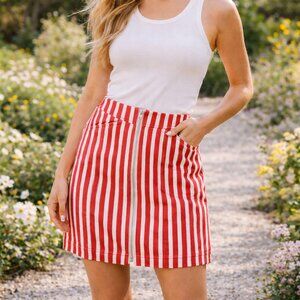 MANGO Red & White Striped Pencil Skirt Pockets Cotton Linen Resortwear Office